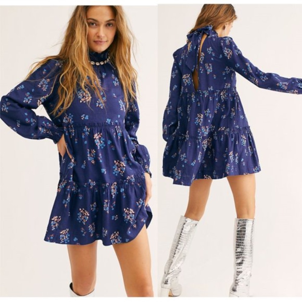 Free People Petit Fours Mini Dress Floral Blue Mock Neck Babydoll Peasant XS